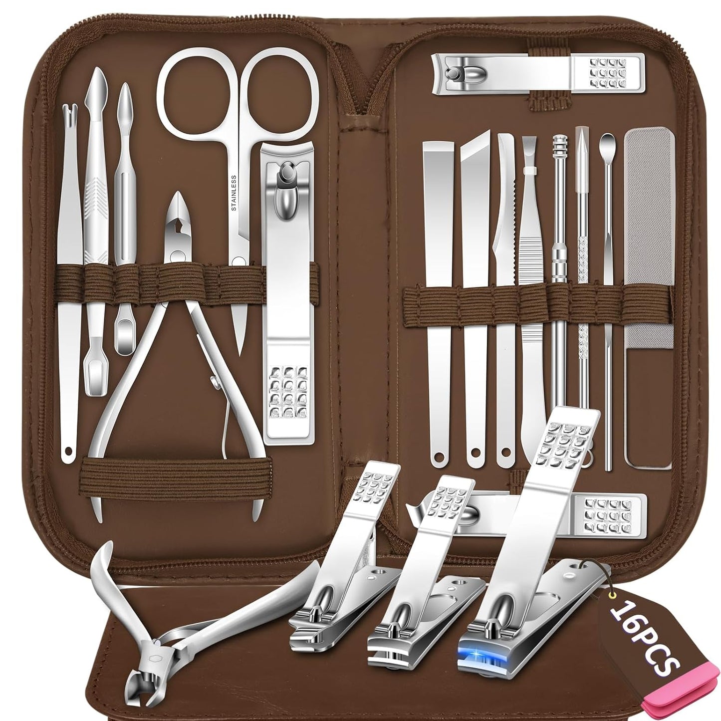 Manicure Set 16Pcs Professional Stainless Steel Pedicure Kit Mens Grooming Kit Fingernail & Toenail Clippers Set Manicure Kit with Luxurious Travel Bag, Sharp Nail Scissors and Clipper (Purple)