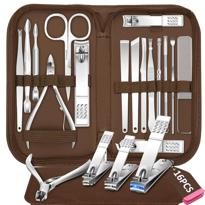 Manicure Set 16Pcs Professional Stainless Steel Pedicure Kit Mens Grooming Kit Fingernail & Toenail Clippers Set Manicure Kit with Luxurious Travel Bag, Sharp Nail Scissors and Clipper (Purple)