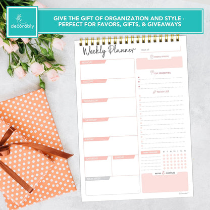 Decorably 52 Sheets Blue Undated Weekly Planner Notepad - 6.5x10in Spring-Bound, Easy Tear-Off Design, with Focus, Priorities, to-do List, Habit Tracker & Notes - Home, School, Office