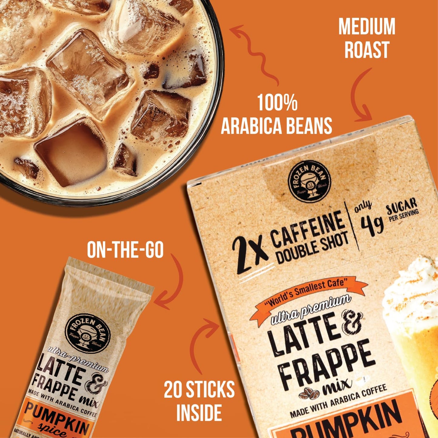 The Frozen Bean Vanilla Bean Frappe & Latte Instant Mix (10 Sticks), Made with Arabica Coffee, Double Shot Caffeine, Low Sugar & Premium Ingredients, Hot, Iced, or Blended Drinks