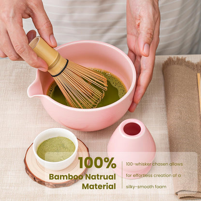 7Pcs Matcha Whisk Set, Matcha Set Whisk and Bowl,Bamboo Scoop, Scoop Rest, Sifter and Tea Towel, Matcha Kit W/Carved Cherry Blossm Pattern for Matcha Lovers (Sakura Pink)
