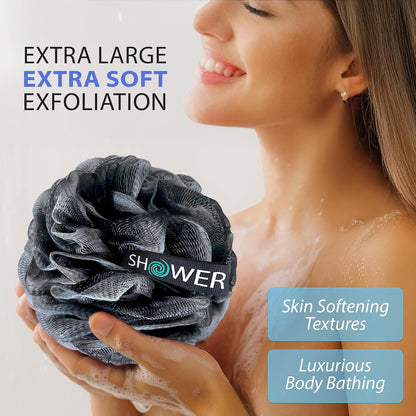 SHOWER BOUQUET Loofah-Charcoal Bath-Sponge XL-Color-4-Pack // Extra Large 75g Soft Mesh Black Luffa Loofa Loufa Puff Set/Exfoliating Body Scrubber for Women and Men - Exfoliate & Soothe Face & Body