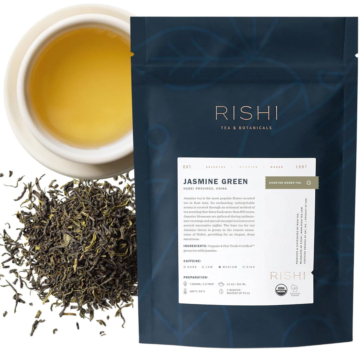 Rishi Tea Jasmine Organic Chinese Green Loose Leaf Tea, Caffeinated, 4oz