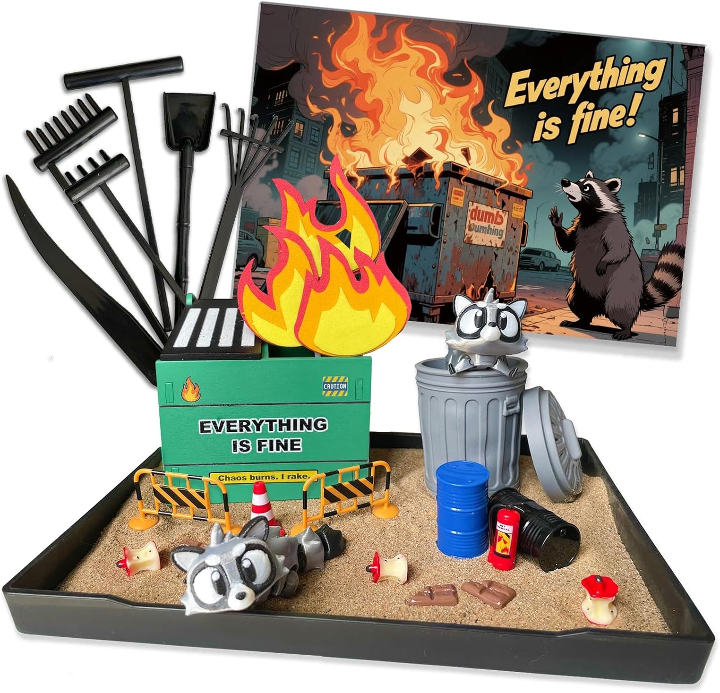 Dumpster Fire Zen Garden for Desk, Mini Sand Art Kit with Raccoons