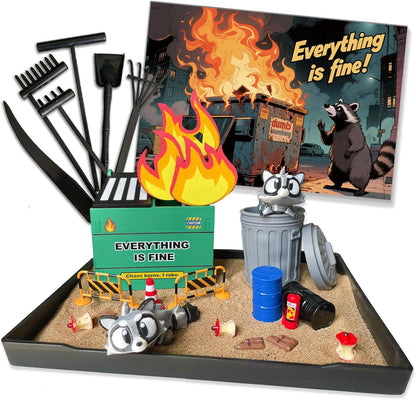 Dumpster Fire Zen Garden for Desk, Mini Sand Art Kit with Raccoons