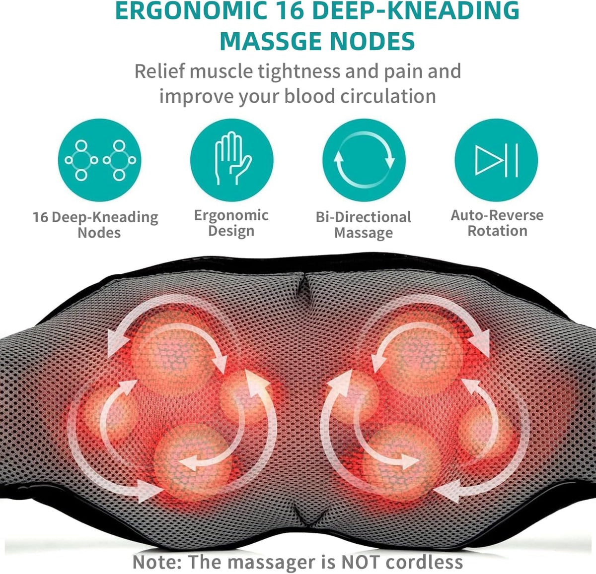 Nekteck Cordless Neck and Back Massager with Soothing Heat, Rechargeable