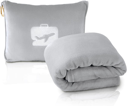 EverSnug Travel Blanket and Pillow - Premium Soft 2 in 1 Airplane Blanket with Soft Bag Pillowcase, Hand Luggage Sleeve and Backpack Clip (Grey)