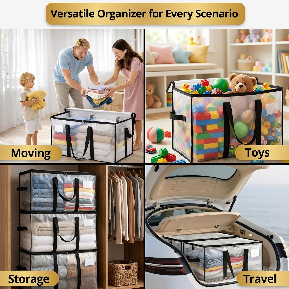 Comforter Storage Bags with Zipper and Handles (90L) - Extra Large Heavy Duty Moving Bags, Waterproof Blanket & Clothes Storage Bags, Foldable Under Bed Storage Totes for Bedding, Closet, College Dorm