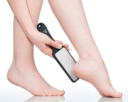 Foot File. Best Premium Pedicure Foot Rasp and Callus Remover. 3-in-1 Tool. Removes Hard Skin. No Risk of Injury. Stainless Steel. Ergonomic Handle. Washable. Works on Both Wet and Dry Feet.