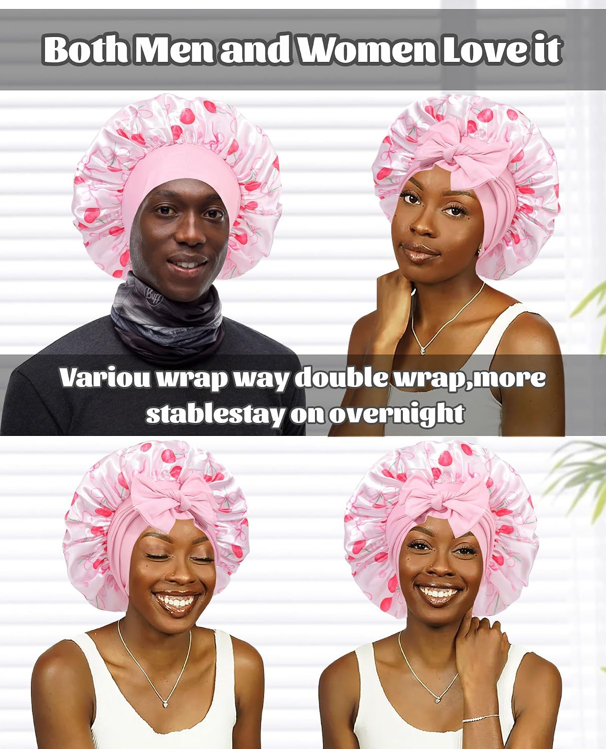 Satin Bonnet for Sleeping Cap Double Layer Hair Bonnet with Elastic Tie Band for Curly Hair Night Cap (Bean Paste + Pink)