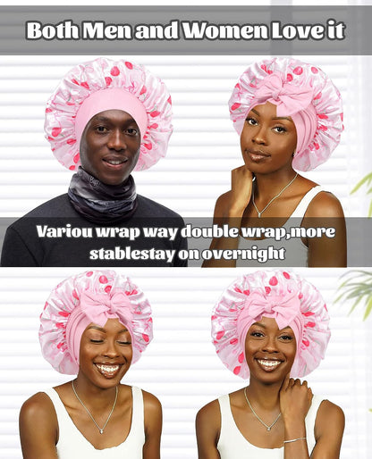 Satin Bonnet for Sleeping Cap Double Layer Hair Bonnet with Elastic Tie Band for Curly Hair Night Cap (Bean Paste + Pink)