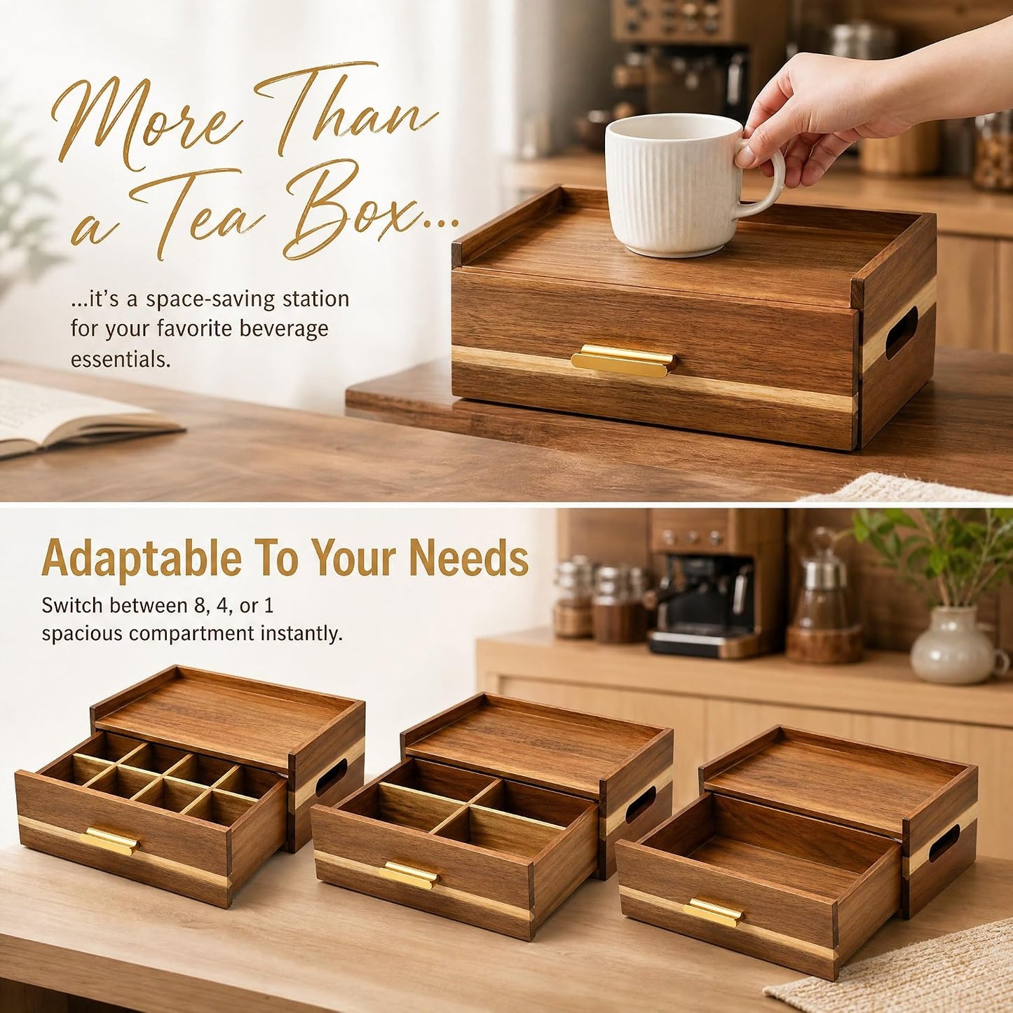 Acacia Wood Tea Bag Organizer 8 Compartment Storage Box & Organizer with Drawer Tea Bag Holder Container Chest,Coffee Station Sugar Packet Display for Countertop, Pantry, Office Cabinet