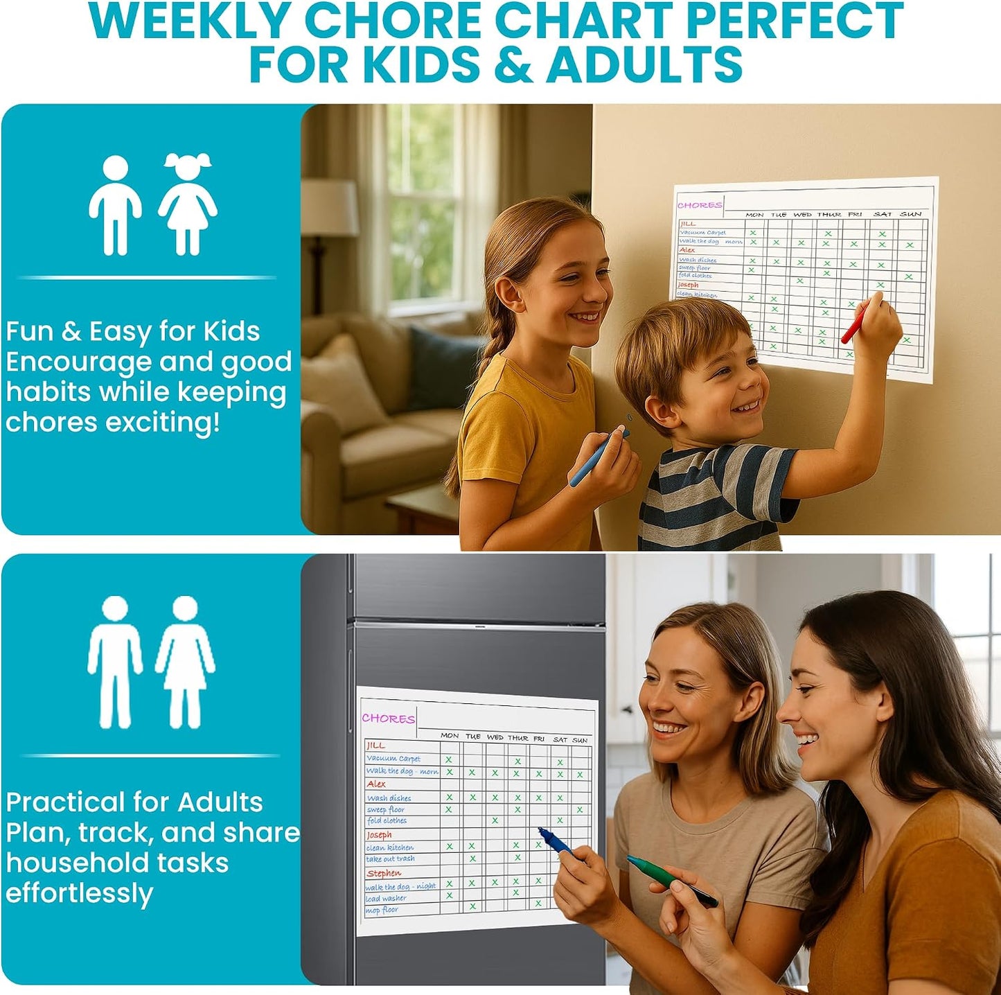Iconikal 2-Pack Magnetic Dry Erase Chore Meal Chart 14x11-Inch Planner Schedule WOD Goal Tracker Grid Refrigerator Whiteboard Home Office
