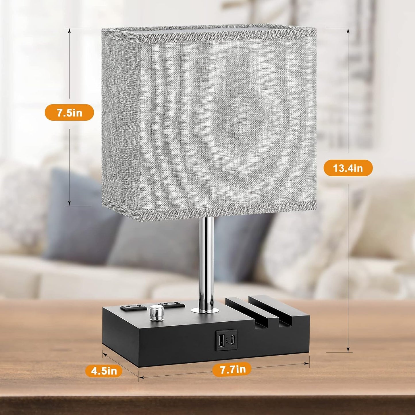Kakanuo Fully Dimmable Nightstand Lamp for Bedroom with USB C Ports, Grey Small Bedside Table Lamp with Charging Outlets and Phone Stands, Wooden Desk Lamp for Living Room, LED Bulb Included