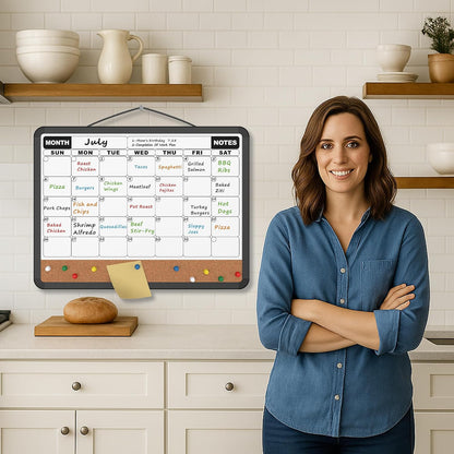 Monthly Calendar Dry Erase Board 16x12 Inch, Double-Sided Whiteboard and Corkboard Combo, Wall Mounted Planner Organizer with Markers, Magnets, Push Pins, Eraser, for Home Office School