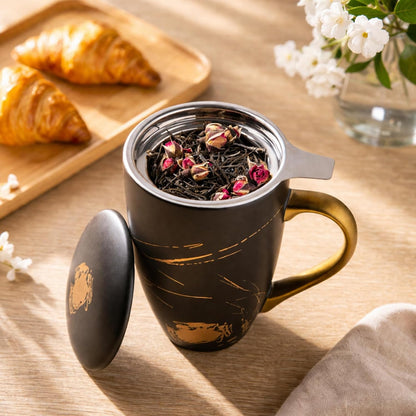 AmorArc Porcelain Tea Mug with Infuser and Lids, 18 Oz Large Cup Strainer with Bag Holder for Loose Leaf Tea, Steeping Coffee Mug for House-warming Wedding Birthday Gift
