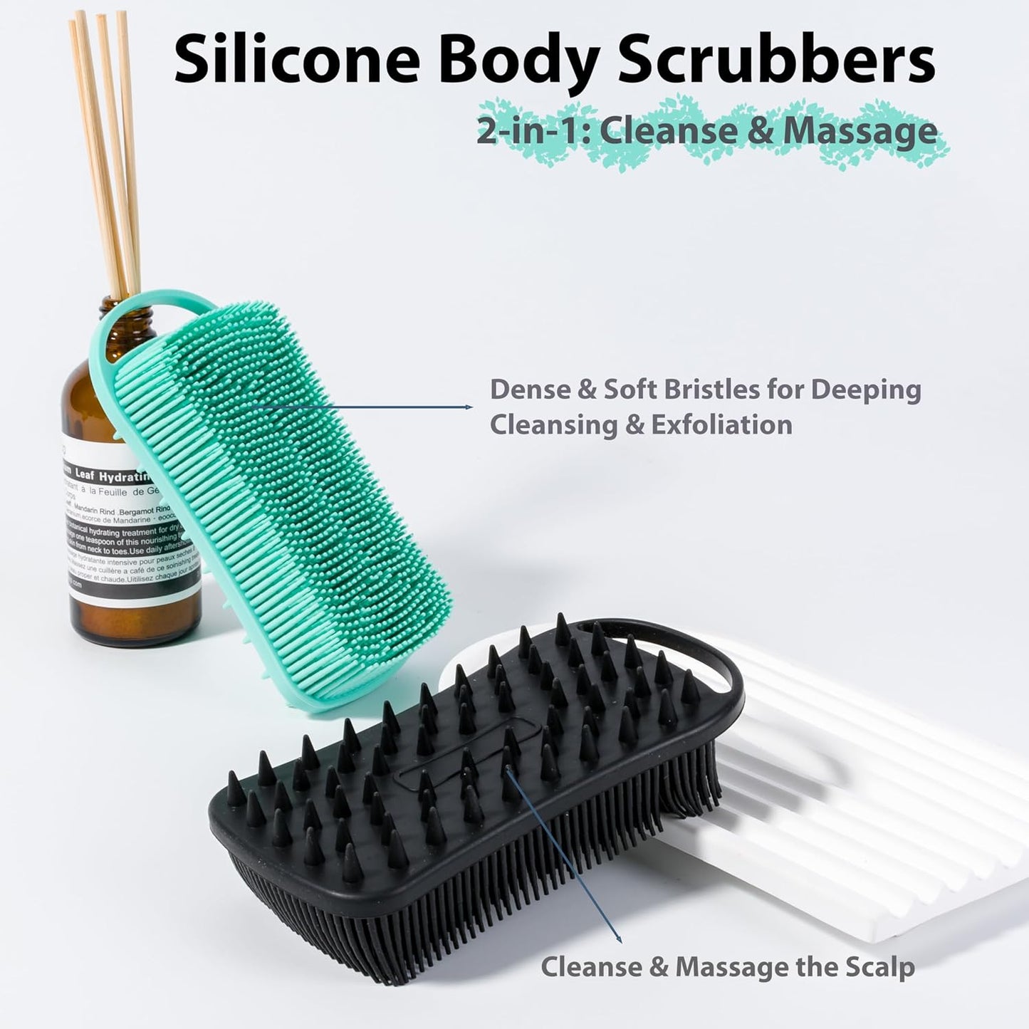 MtBoi 2 PC Silicone Body Scrubber, 2 in 1 Exfoliating Shower Bath Scrubber, Soft Silicone Loofah for Sensitive Skin, Shower Hair Scalp Massager, Easy to Clean, Lather Well (Grey&Black)
