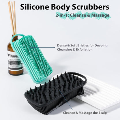 MtBoi 2 PC Silicone Body Scrubber, 2 in 1 Exfoliating Shower Bath Scrubber, Soft Silicone Loofah for Sensitive Skin, Shower Hair Scalp Massager, Easy to Clean, Lather Well (Grey&Black)