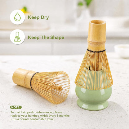Matcha Whisk Set with Ceramic Bowl - Complete Matcha Making Kit, Bamboo Whisk (Chasen), Whisk Holder, Matcha Powder Sifter, Scoop, Japanese Tea Ceremony Tools（Green）