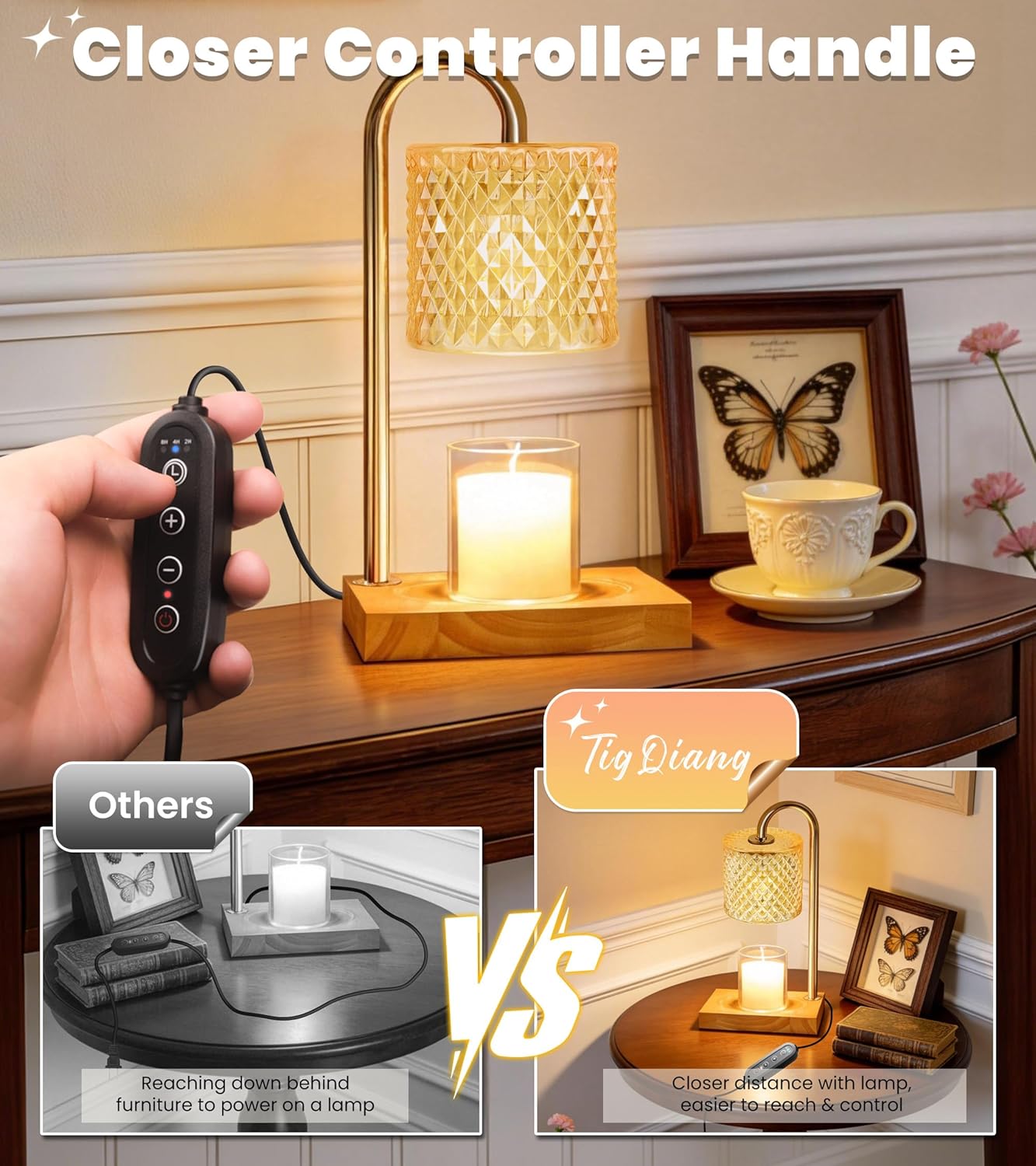 TigQiang Candle Warmer Lamp with Timer Dimmer, Birthday Gifts for Women Mom, House Warming Gifts, Elegant New Home Decor, Wax Warmer for Jar Candles, Heater Lamp for Scented Wax, Amber Glass