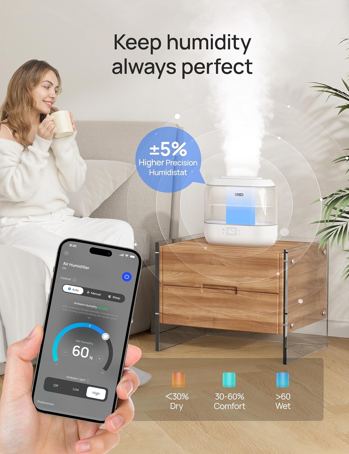 DREO 4L Smart Cool Mist Humidifiers for Bedroom HM311S Black | Top Fill, Quiet Sleep 28 dB, 36H Runtime for large room, Touch/APP/Voice Control, Nightlight, ideal for Baby, Plants, Nursery