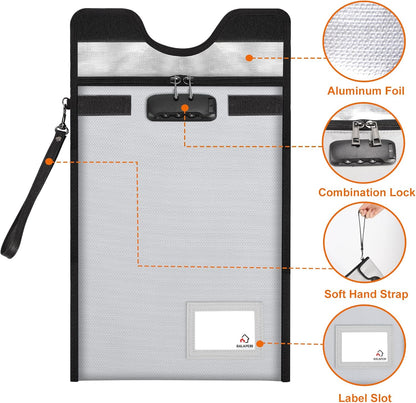 Fireproof Document Bag with Lock (5200℉), 15”x 11”Fireproof Money Bag, Waterproof Zipper Pouch for A4 A5 Legal Letter Size Document, Tablet, Valuables, Jewelry, Cash and Passport