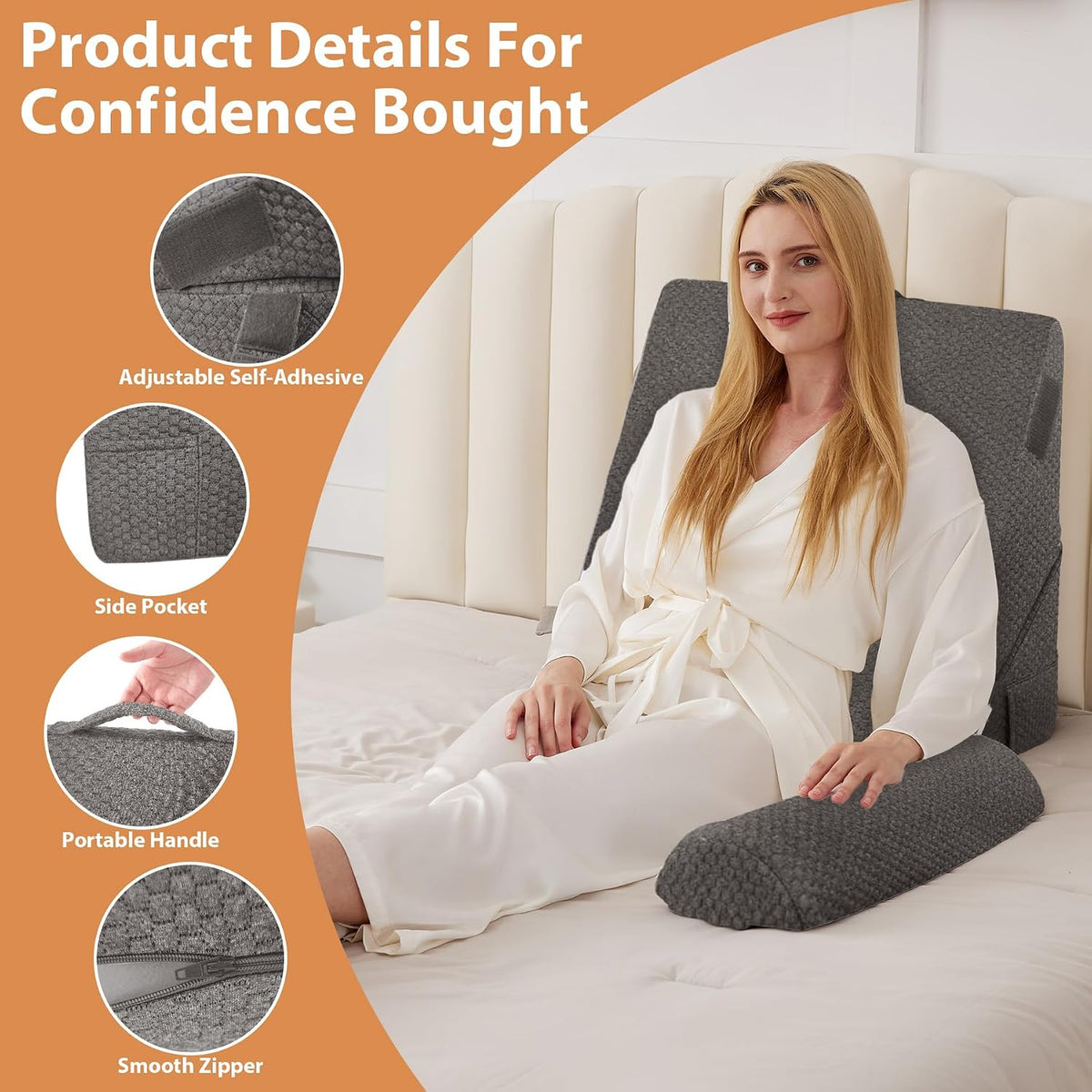BIEEZZK Wedge Pillow Set for After Surgery, Wedge Pillow for Acid Reflux, Bed Wedge Pillow with Adjustable 9&12inch for Headboard,Sleeping, Orthopedic Memory Foam for Neck&Back Support, White/Grey