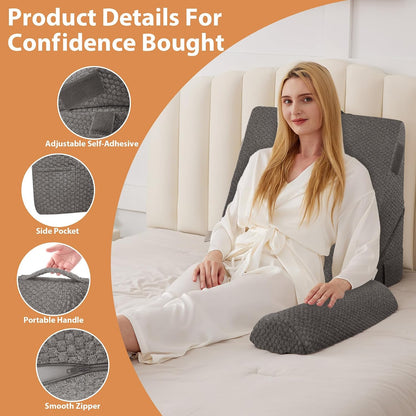 BIEEZZK Wedge Pillow Set for After Surgery, Wedge Pillow for Acid Reflux, Bed Wedge Pillow with Adjustable 9&12inch for Headboard,Sleeping, Orthopedic Memory Foam for Neck&Back Support, White/Grey