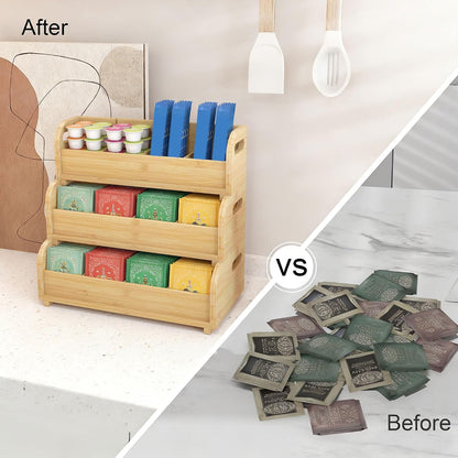 3-Tier Bamboo Tea Bag Organizer, Stackable Tea Holder for Countertop, Black