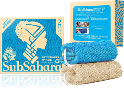 SubSahara Authentic African Net Sponge - 2 Pack Exfoliating Bath & Shower Loofah Sponge for Body & Face, Gentle Scrubber for All Skin Types, Travel, Durable Polyester (Olive Green & Light Green)