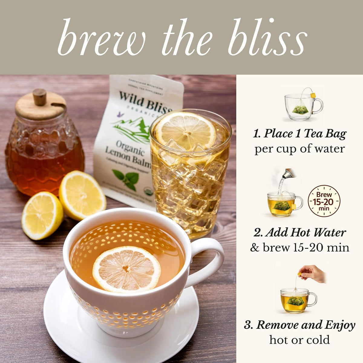 Organic Lemon Balm Tea - Caffeine Free Calming Herbal Tea - Pharmacopoeia Potency - 20 Plant Based Tea Bags