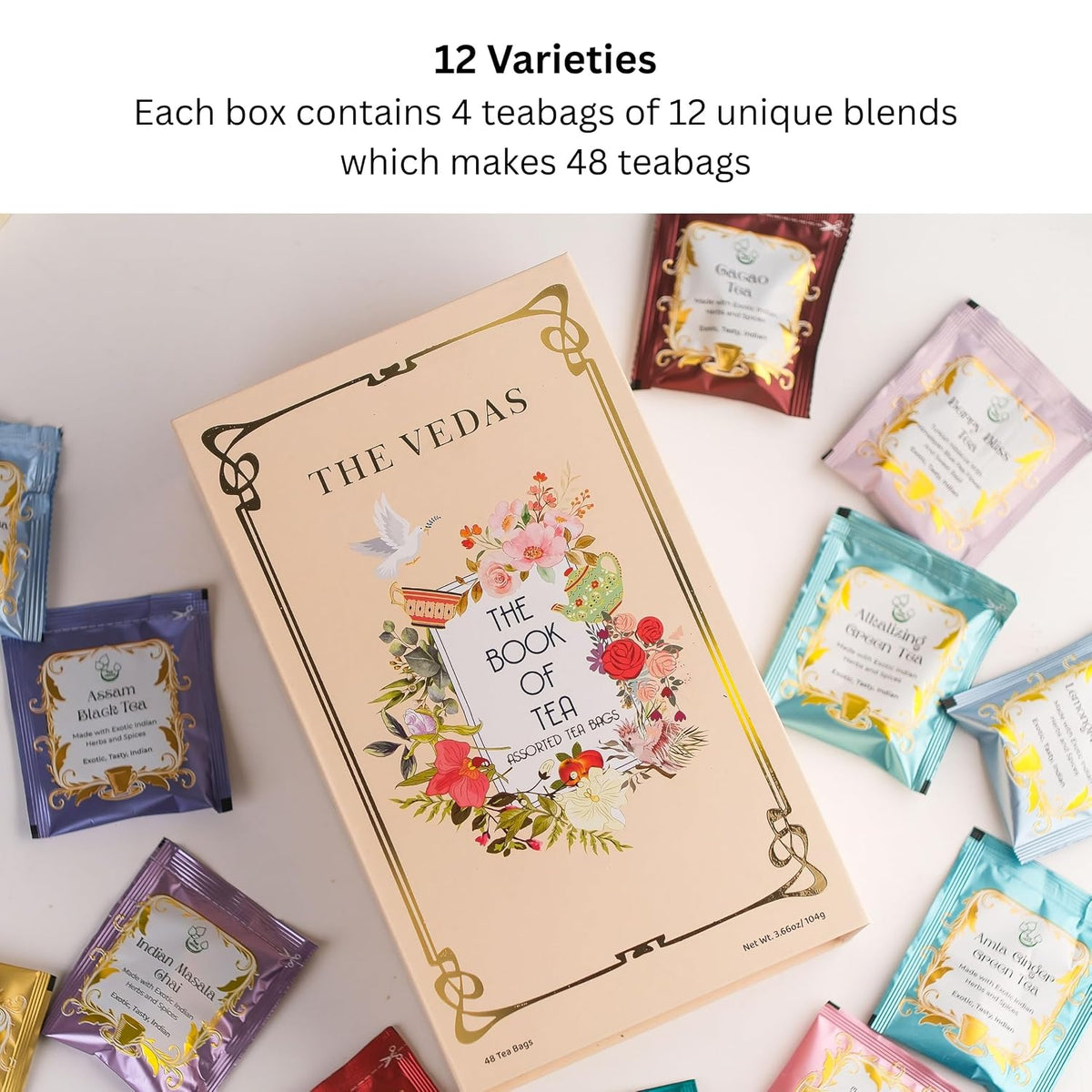 The Vedas Book Of Tea | Assorted Tea Bags Gift Box | 12 Exotic Herbal Tea Blends In Handcrafted Cotton Tea Bags & Pyramid Teabags | 4 Units of Each Variety, Net 48 | Tea Gift Hamper | Tea sampler gift set box | Tea collection | Tea sets for women gift |