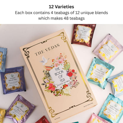 The Vedas Book Of Tea | Assorted Tea Bags Gift Box | 12 Exotic Herbal Tea Blends In Handcrafted Cotton Tea Bags & Pyramid Teabags | 4 Units of Each Variety, Net 48 | Tea Gift Hamper | Tea sampler gift set box | Tea collection | Tea sets for women gift |