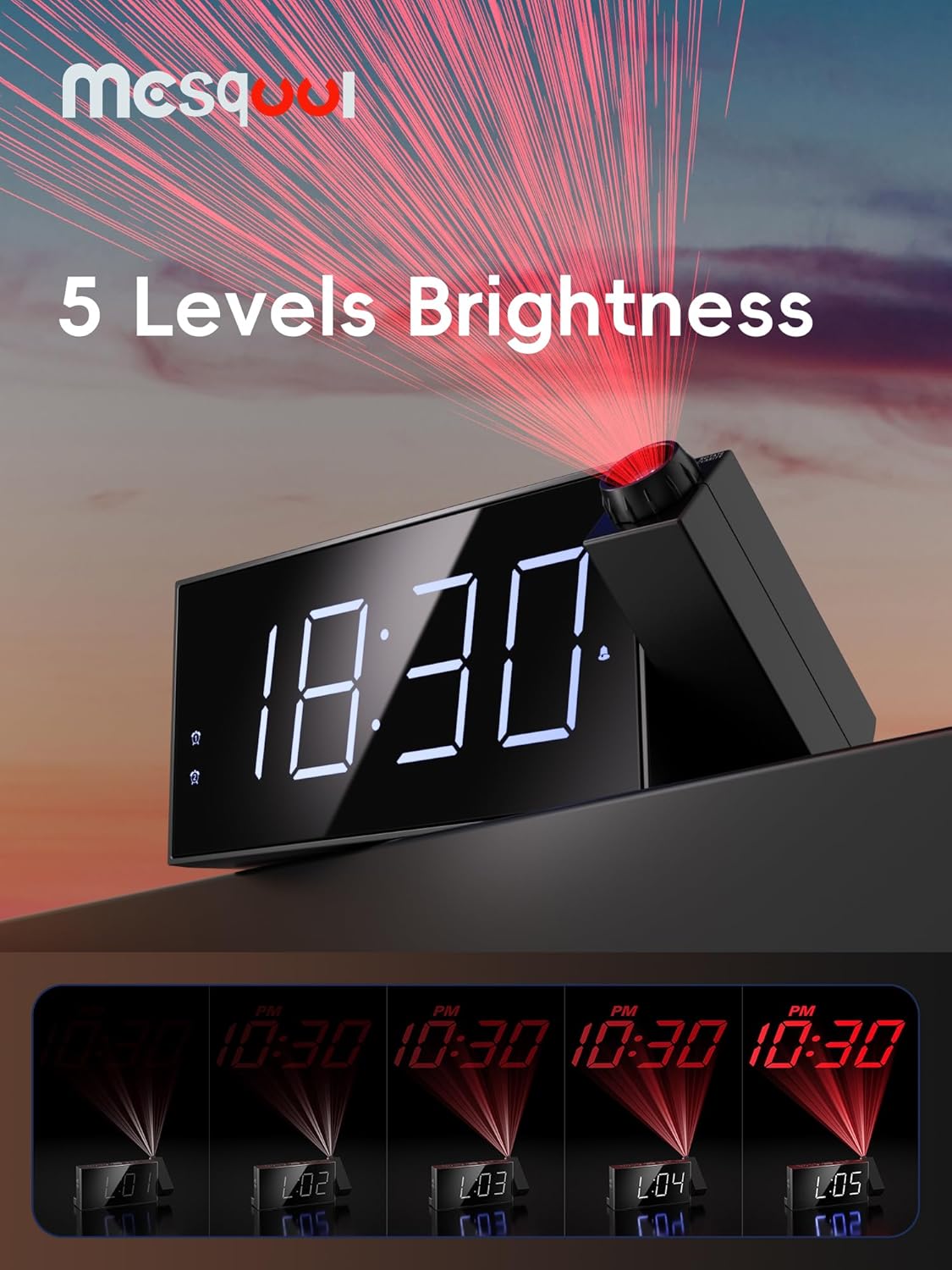 Digital Projection Alarm Clocks for Bedrooms - Large LED Display, 180° Rotatable Projector, 5-Level Dimmer,USB Charger,Battery Backup,Loud Dual Alarms for Kids Elderly,Heavy Sleepers,Snooze,12/24H,DST