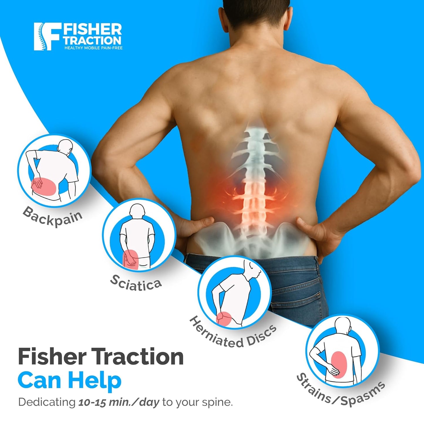 Fisher Traction Lower Back Decompression Device – Lumbar Traction for Spinal Decompression – Patented Stretcher Strap Release for Spinal Rehydration – Lightweight & Portable (Under 230 lbs)