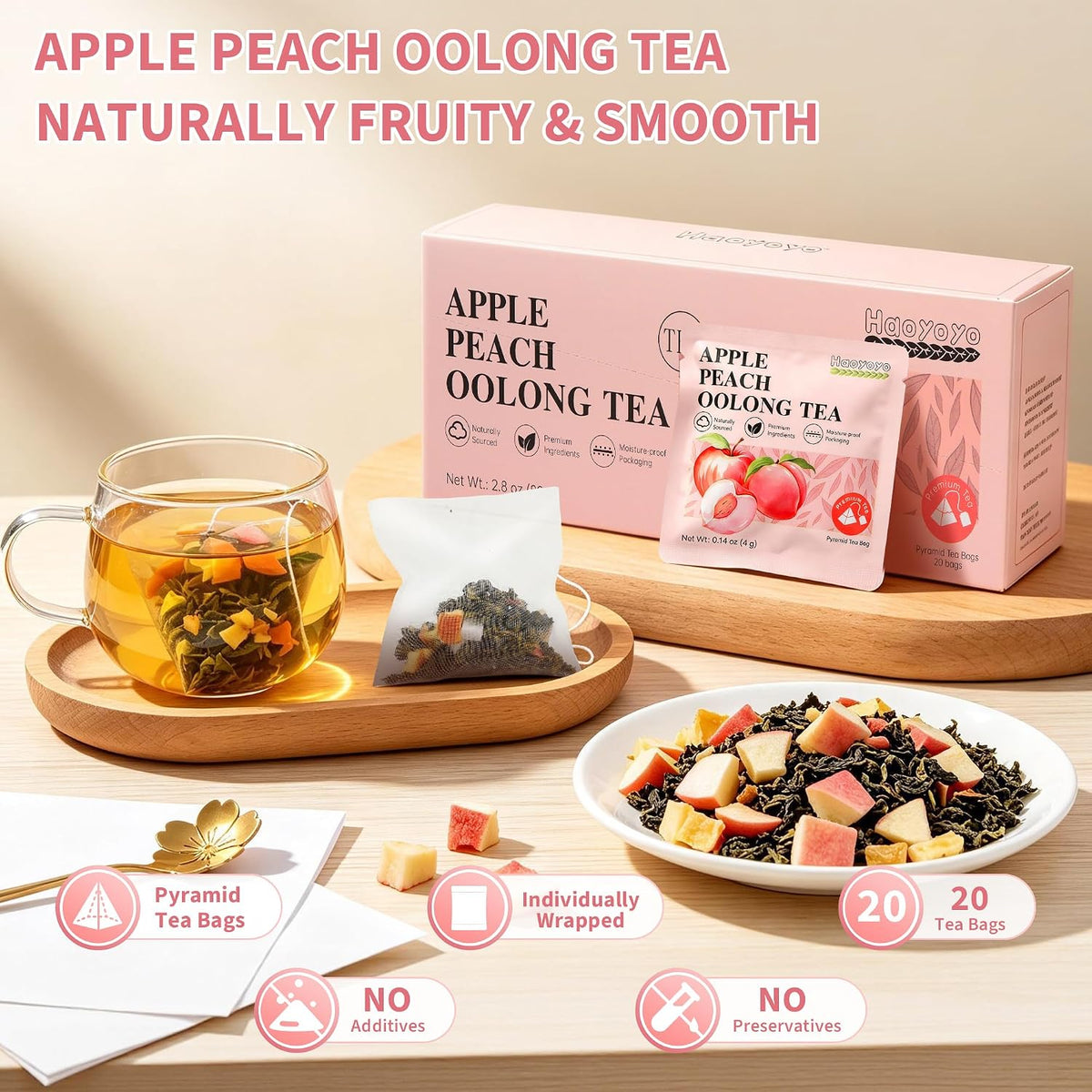 HAOYOYO Apple Peach Oolong Tea Bags, Fruity Oolong Tea, 20 Pyramid Tea Bags (4g Each), Smooth Floral Tea