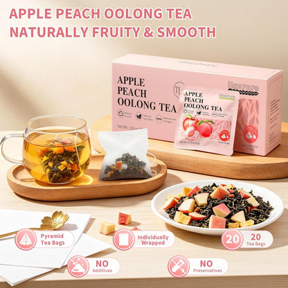 HAOYOYO Apple Peach Oolong Tea Bags, Fruity Oolong Tea, 20 Pyramid Tea Bags (4g Each), Smooth Floral Tea