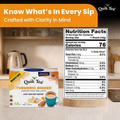 QuikTea Instant Chai Latte Mix, Turmeric Ginger, Unsweetened, 10 Sachets