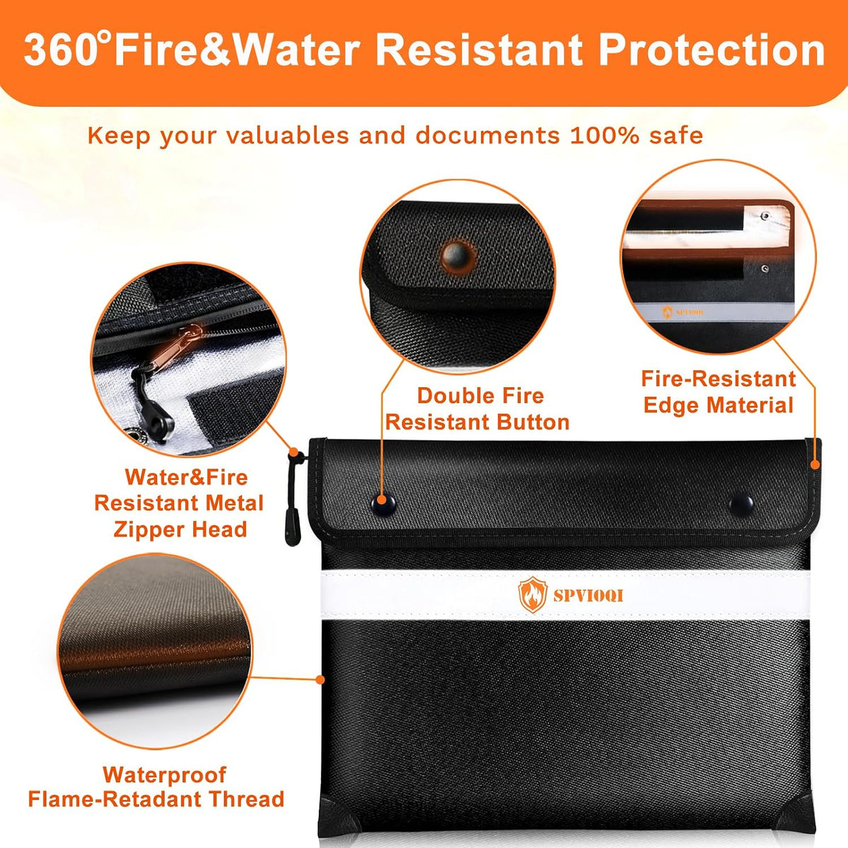 Upgraded 5200°F Fireproof Document Bag with Heat Insulated, Water Fire Proof Bags with Zipper,8 Layers of Functional Materials and Reflective Strip, Fireproof Money Bag for Cash/Documents/Valuables
