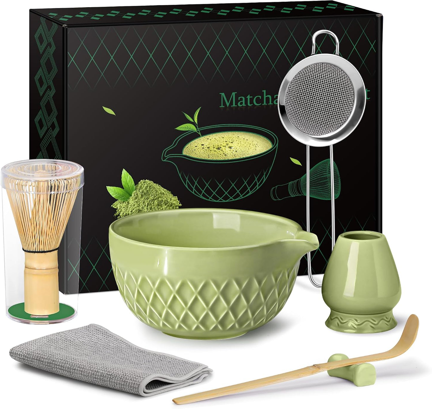 Matcha Whisk Set, 7 Pcs Matcha Kit, Ceramic Matcha Set Includes Matcha Bowl with Spout, Matcha Whisk and Holder, Bamboo Scoop, Scoop Rest, Sifter and Tea Towel (Ceramic White)