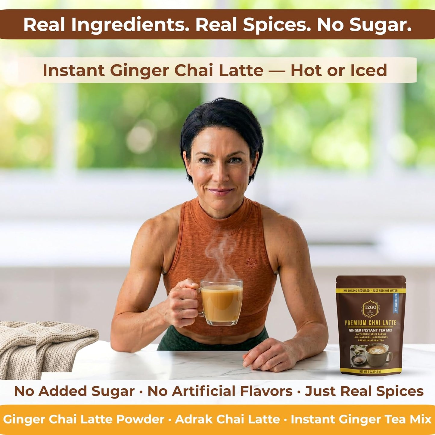 T2GO Unsweetened Ginger Chai Tea Latte Powder – No Added Sugar, 5 oz | Bold adrak ginger chai, unsweetened — real milk & spices built in, 45 cal, 0g added sugar
