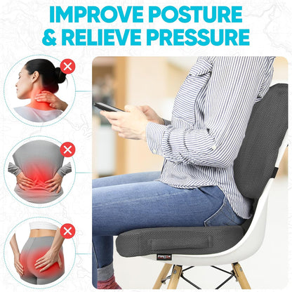 FORTEM Seat Cushion, Office Chair Cushion, Lumbar Support Pillow for Office Chair, Memory Foam Car Seat Cushions, Sciatica Coccyx Tailbone Pain Relief, Cushions for Back Support, Washable, Non Slip