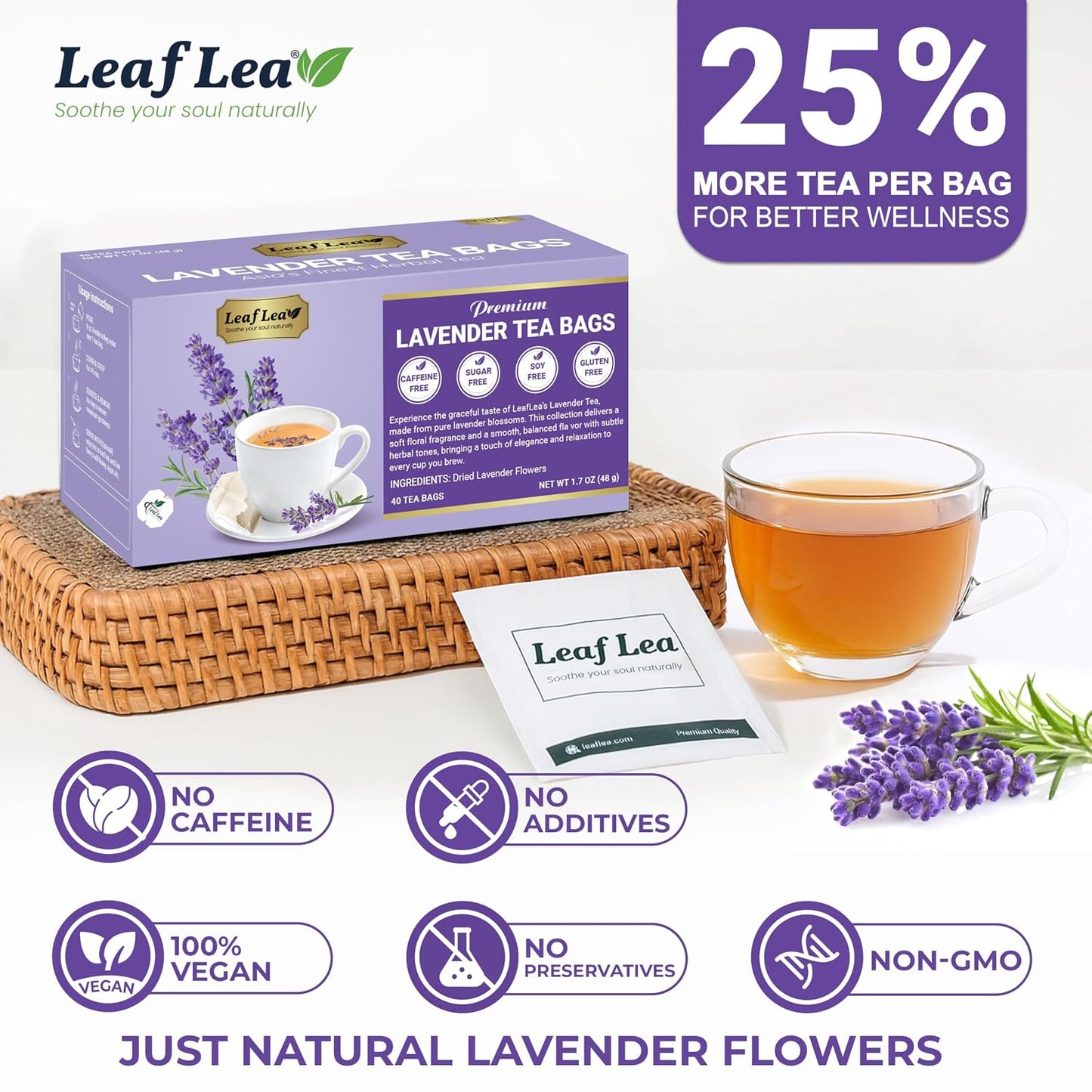 LeafLea Peppermint Tea Bags, Pure Single-Ingredient Mint Tea, 40 Count | Just Real Peppermint Leaves, Cool Refreshing Taste, Te De Menta, Caffeine-Free, Vegan, Individually Foil-Wrapped