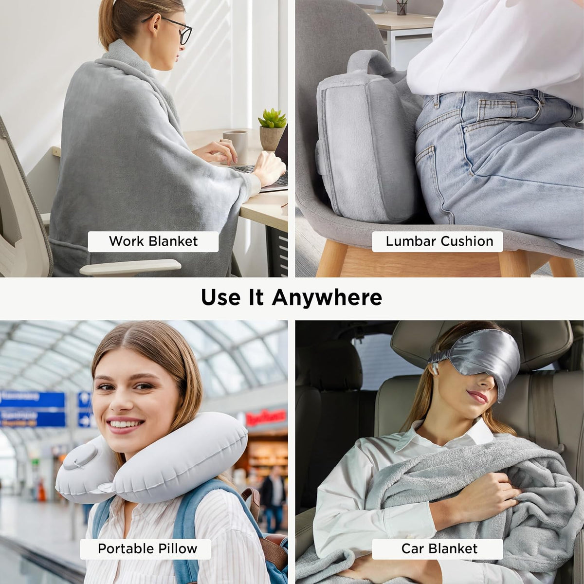 Bedsure Travel Blanket Set with Inflatable Neck Pillow and Eye Mask, Grey