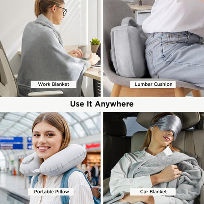 Bedsure Travel Blanket Set with Inflatable Neck Pillow and Eye Mask, Grey