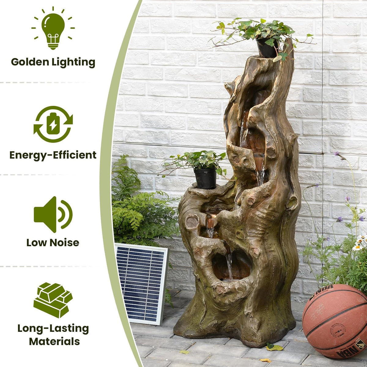 Sunlinua Water Fountain Outdoor, 5-Tier Cascading Realistic Tree Waterfall