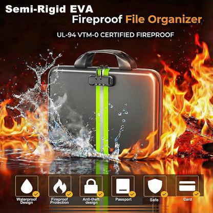 Fireproof Document Organizer with Lock, Semi-Rigid EVA Shell File Box with 13-Pocket Accordion Folder, Water-Resistant Storage for Important Documents, Passports & Certificates