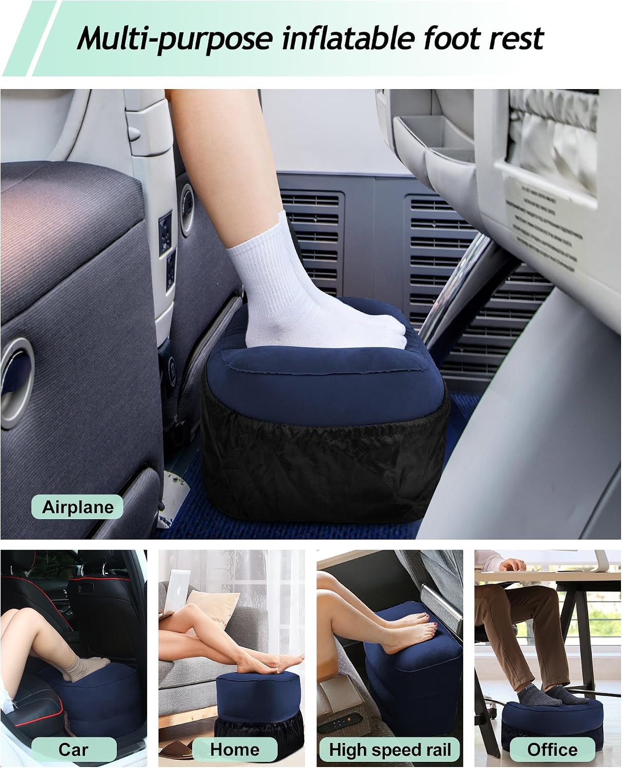 Inflatable Foot Rest Pillow, Kids Airplane Bed, Adjustable 3 Layers Height Leg Rest Pillow, Airplane Travel Essentials Great for Office, Home, Trains, Cars