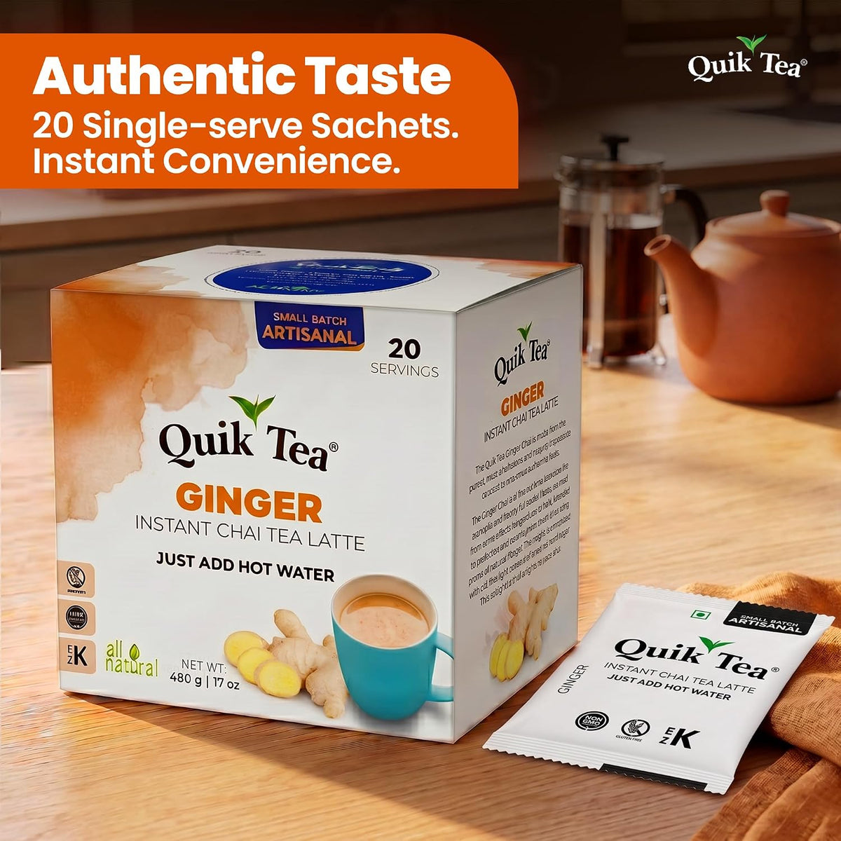 QuikTea Instant Chai Tea Latte Mix, Ginger, 20 Sachets