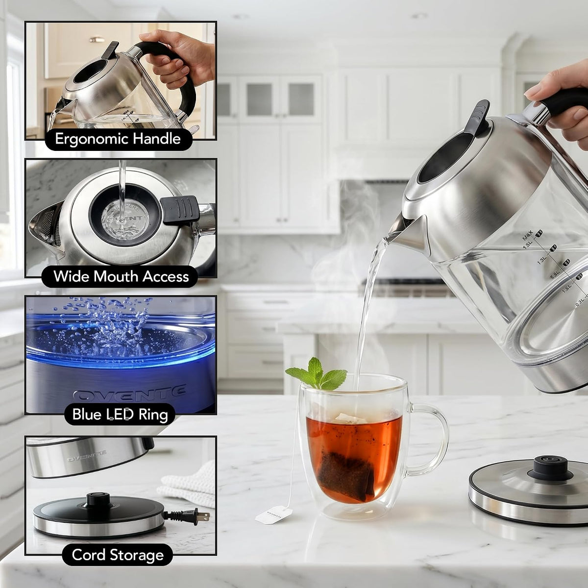 OVENTE 1.8L Glass Electric Kettle Water Boiler, Silver KG751S